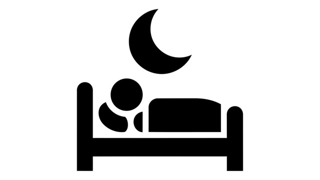 Black icon of a person sleeping in bed under a crescent moon at night