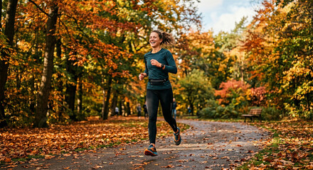 Fototapeta premium Woman jogs through autumn forest trail. Leaves blanket path and surrounding trees. Colors range from gold to deep orange and red. Sunlight filters through canopy above her. She wears dark running gear