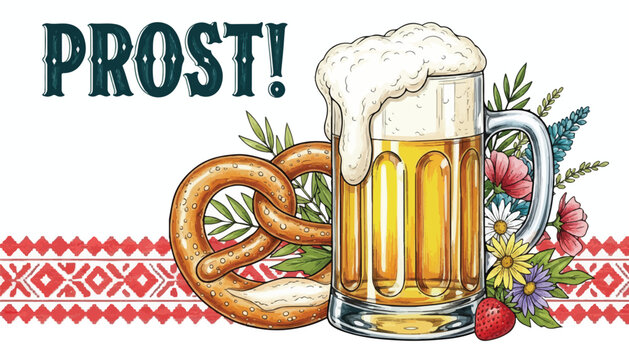 Oktoberfest Illustration with Beer Mug Pretzel and Wildflowers, German Prost Toast Poster on White