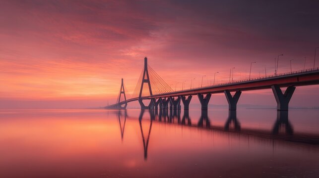Suspension bridge at sunrise over water