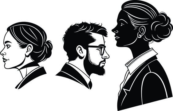 Three profile portraits a stylish black and white illustration