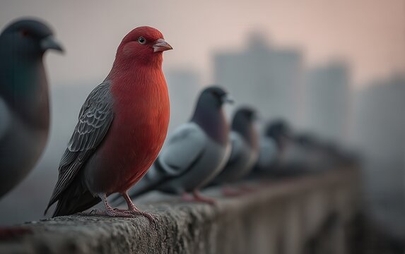 Bright red cardinal on urban rooftop ledge