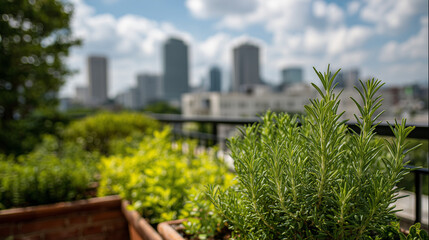 Fototapeta premium Urban garden with fresh green herbs and city skyline in background on a sunny day