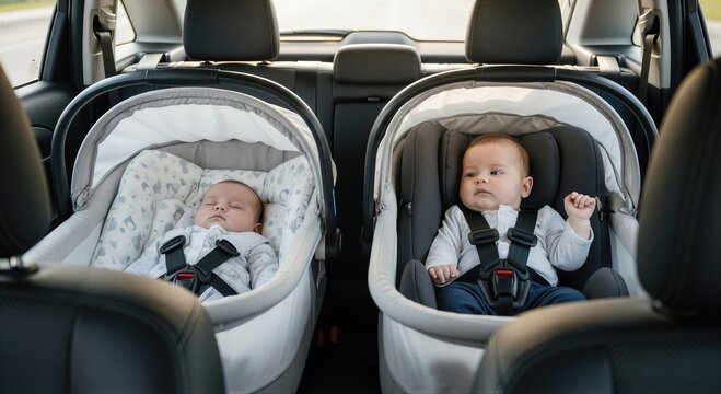 Two infant children in car seats secured in vehicle. Twins traveling safely in rear seat. Transportation of baby in protective carrier. Modern family car journey and safety travel concept.