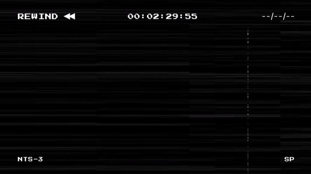 VHS Rewind Effect with Analog Glitch and Static Noise Overlay on Black Background featuring Timecode and Tracking Defects for Retro Video Production and Film Aesthetics
