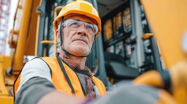 Man driver operating construction excavator