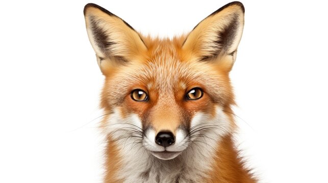 Close-Up Portrait of a Vigilant Red Fox with Orange Fur and White Background