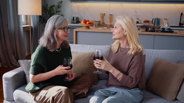 Senior women hold wine glasses and talk sitting on cosy sofa