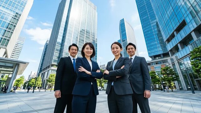 大規模なビル街で腕を組み、力強い眼差しでこちらを見つめるビジネスパーソンのグループ。