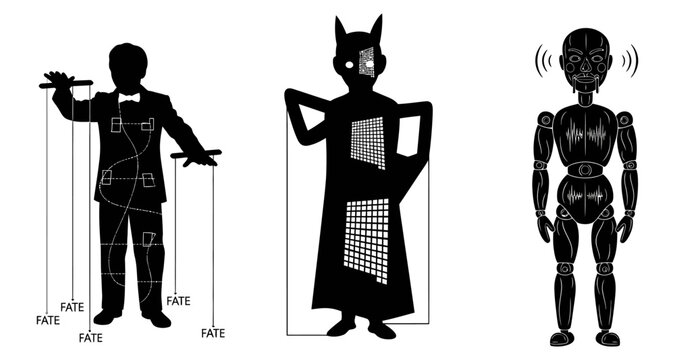 Puppet master with strings of fate futuristic and digital being concept Isolated on white background