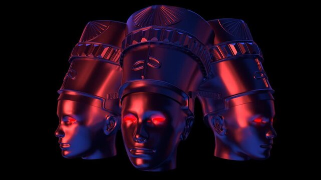 Futuristic Neon Nefertiti Heads 3D Render &ndash; Ancient Egypt Cyberpunk Glowing Portrait 4K Loop