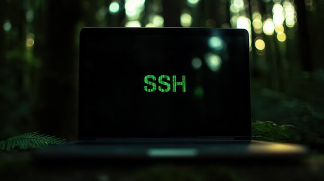 Laptop display shows SSH in low light setting