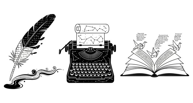 Feather pen with inkwell typewriter with scroll and open book with origami birds conveying ideas Isolated on white background