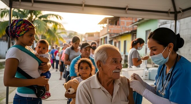 Community Vaccination Campaign: Healthcare Worker Administering Vaccine to Elderly Man in Line with Diverse People