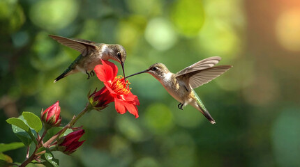 Fototapeta premium Iridescent Hummingbird Duet Close Up Feeding on Vibrant Red Flower in Soft Forest Light