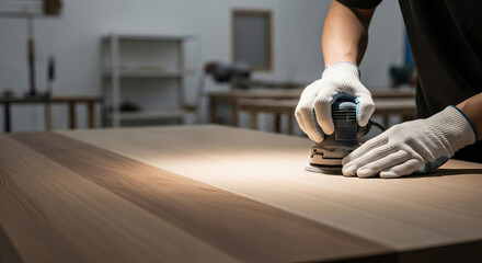 Naklejka premium Man using orbital sander to smooth wooden board in workshop. Carpenter wearing protective gloves sanding surface of wood, copy space