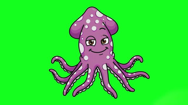 An energetic, smiling purple squid with spots waves its tentacles against a green screen background. This playful character animation is perfect for children's educational videos, games, or aquatic ad