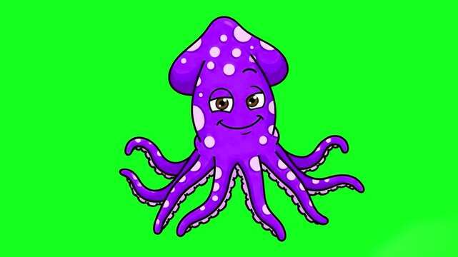 A vibrant 2D cartoon animation of a smiling purple squid with white spots performing a joyful dance routine. Isolated on a chroma key green screen, the character is optimized with lip sync support for