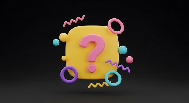 3D-rendered, colorful design featuring a pink question mark on a yellow square, black background