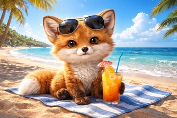 Fototapeta premium Cute fox puppy on tropical beach vacation. Adorable animal wearing sunglasses holds orange juice drink. Digital illustration with palm trees ocean waves and sunny sky