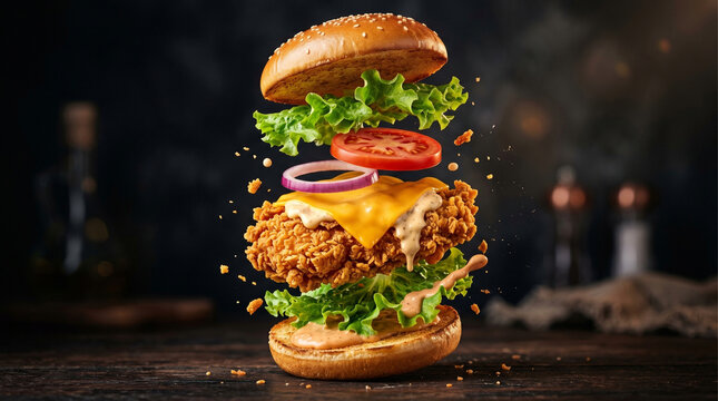 Floating Cheeseburger with Flying Ingredients and Melted Cheese &ndash; Cinematic Food Advertisement