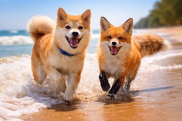 Fototapeta premium Shiba inu dog and wild fox running together on sunny beach. Animals play in ocean water. Happy friends enjoying summer vacation