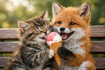 Fototapeta premium Cute kitten and fox eating ice cream together on bench. Animals friendship and sharing food. Little cat and wild fox cub enjoying dessert in summer garden. Sweet treat and happy animal connection
