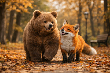 Fototapeta premium Brown bear and red fox walking together in autumn forest. Friends animals in woodland, seasonal nature landscape background