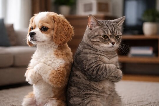 Offended cute dog and cat sitting back to back with crossed paws in cozy home interior. Funny pet conflict and friendship problems. Concept of quarrel, disagreement, silent treatment, domestic animals