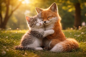 Fototapeta premium Kitten and fox hugging in a sunny meadow. Animals embracing in nature. Cute friendship and love concept. Two wild and domestic animals showing affection