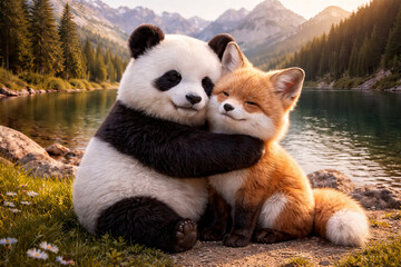 Fototapeta premium Panda and fox hugging each other in nature. Cute animals sitting by a mountain lake at sunset. Friendship and love between wild creatures, digital illustration of unlikely forest friends in scenery