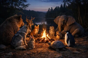 Fototapeta premium Animals gathering around a campfire at night in the forest. Diverse wildlife sitting together near fire. Concept of friendship, unity and harmony in nature. Magical woodland scene illustration