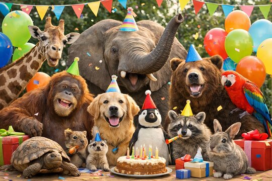 Group of animals celebrating with cake and balloons at birthday party. Zoo animals and pets wearing hats having fun. Festive greeting concept with confetti and gift boxes for celebration occasion