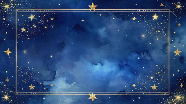 Deep blue cosmic cloud background framed with golden stars creating dreamy night sky watercolor illustration