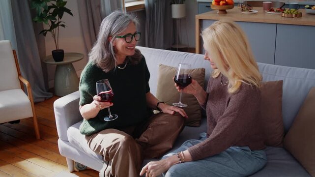 Senior women laugh and hold glasses of wine in living room