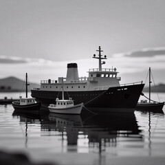 Obraz premium Papercraft Boat Sail. Black Silhouette Of A Ship And Marine Boat Against The Sea