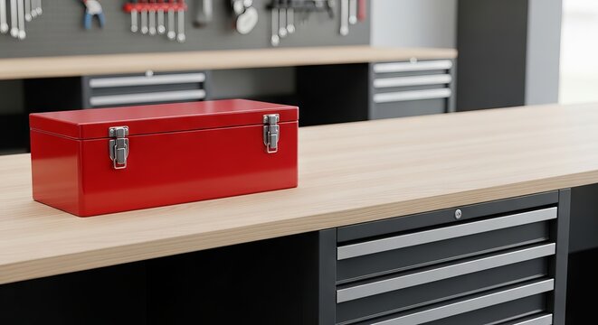 Red metal toolbox on a wooden workbench in a professional workshop. Equipment for maintenance and repair work by a mechanic