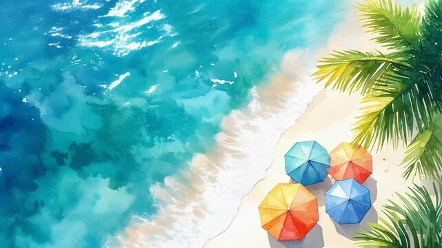 Aerial tropical beach with turquoise water white sand and colorful umbrellas watercolor illustration
