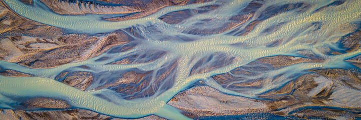 Panorama Aerial View of Glacial River Delta Meeting Ocean in Iceland © Nils