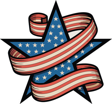 American flag star, patriotic ribbon, vector icon, USA independence symbol, red white blue