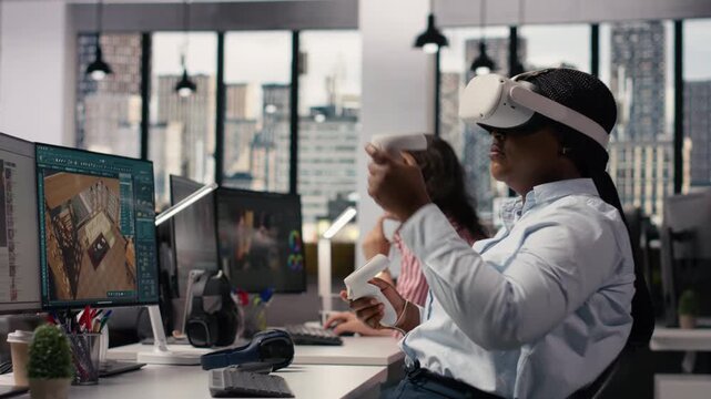 VR headset simulation, architectural floor plan, designing apartment layout and blueprint on PC with 3D modeling software. Woman employee using CAD virtual tools and VR glasses.