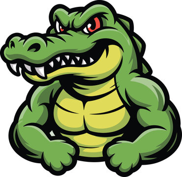 Muscular cartoon alligator, green reptile, angry animal, vector illustration