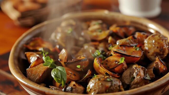 Roasted mushroom caramelized onion brown bowl fresh herb basil leaf thyme sprig roasted baby potato