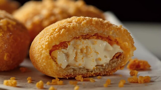 Warm fried snack with creamy cheese filling, breadcrumb crust crunchy golden pastry indulgence