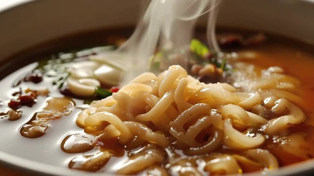 Steaming udon noodle soup with savory broth, steam, garnish and comforting warmth