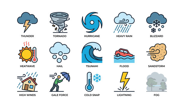 Colorful weather icons representing thunder tornado hurricane and more
