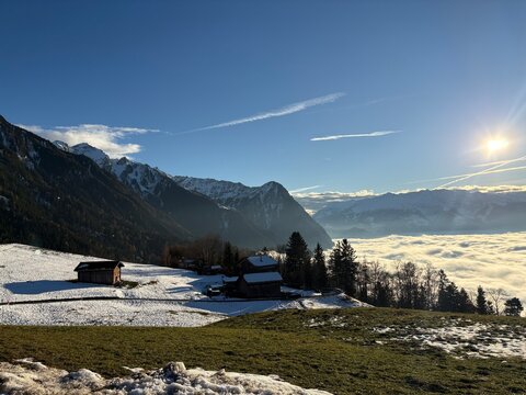 Foggy day over the rhine valley seen from Triesenberg in Liechtenstein 2.12.2025