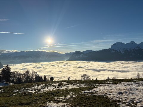 Foggy day over the rhine valley seen from Triesenberg in Liechtenstein 2.12.2025