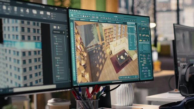 Interior design tools, on dual monitors, empty office PC, running architectural software with 3D render. Digital program interface used for new layout remodeling, construction industry workplaces.