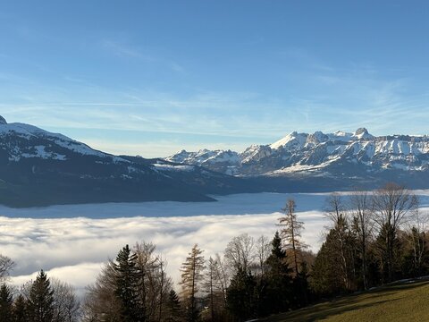 Foggy day over the rhine valley seen from Triesenberg in Liechtenstein 2.12.2025